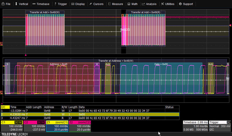 Serielles decodieren von Daten. Das Oszilloskop unterstützt I²C, SPI, UART und RS-232-Protokolle. (Teledyne LeCroy)