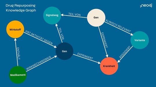 Der Drug Repurposing Knowledge Graph macht die Beziehungen zwischen Genen und Varianten, Signalwegen, Wirkstoffen, Medikamenten und Krankheiten nachvollziehbar.(Bild:  Neo4j)
