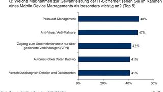 Passwort-Management und Antivirus-Schutz führen die Liste der wichtigsten Maßnahmen zur Gewährleistung der IT-Sicherheit an. (Bild: IDC)