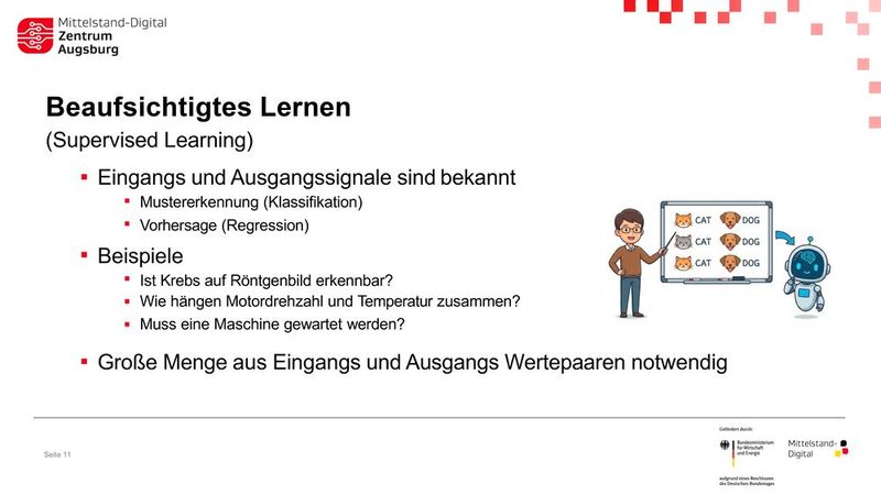 Beaufsichtigtes Lernen (Supervised Learning): Das Modell trainiert anhand bekannter Ein- und Ausgangssignale, um beispielsweise vorgegebene Muster sicher zu klassifizieren. (Bild: Mittelstand-Digital-Zentrum Augsburg)