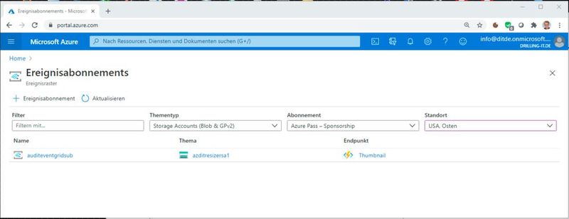 Das neu erstellte EventGrid-Abonnement ist natürlich auch in der Eventsubscription-Console sichtbar.