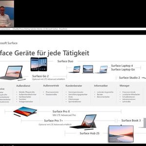 Robin Wittland, Director Business Group Surface, und Jörg Kreykamp, Director Surface Commercial, stellen das Portfolio von Microsoft für hybrides Arbeiten vor.