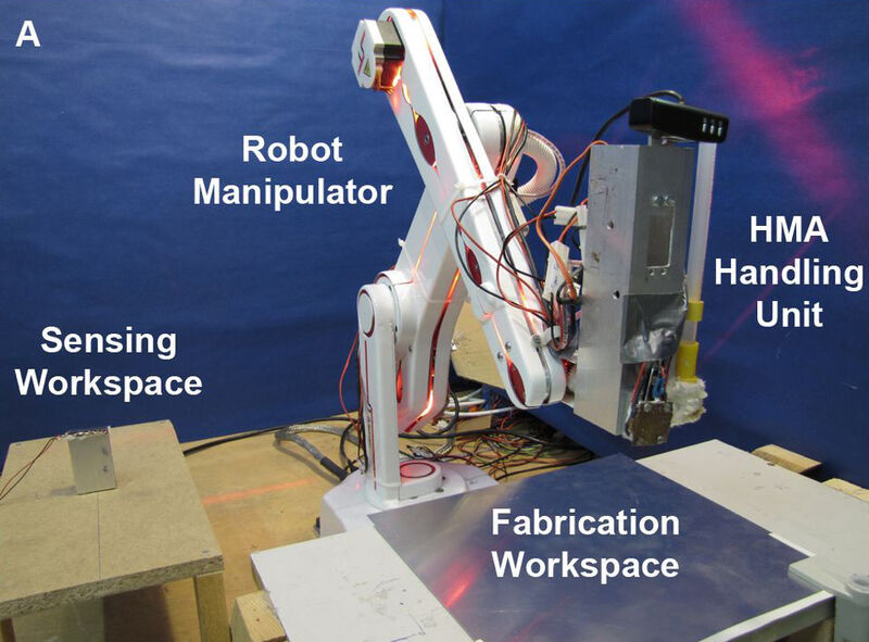 Der Roboter misst die Elastizität eines Schwamms (l.) und eines Metallblocks mit Plastikstreifen, die er selbst herstellt. (ETH Zürich)