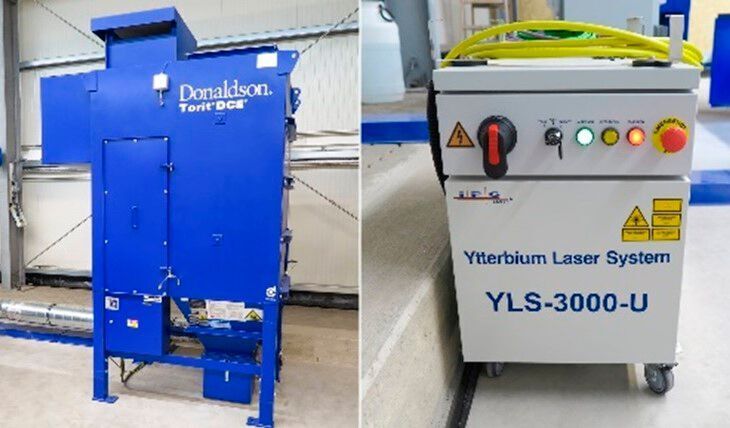 Als Laserquelle setzt Transpofix beim MSF Compact auf eine IPG Faserlaserquelle YLS 3000 U (rechts). Zur Filterung wurde eine Absauganlage des Typs DFPRO 6 Cyclopeel vom Hersteller Donaldson installiert, wie man links erkennt. (Microstep Europa)