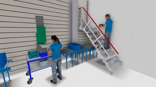 Die Simulation zeigt genau, ob Höhe, Neigung und Ausladung einer Treppe ausreichen. Der Screenshot ist mithilfe der Software Vistable entstanden. (Bild: Hymer)