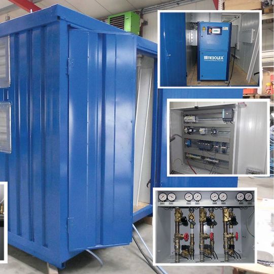 Versorgungscontainer ausgestattet mit den unterschiedlichen Komponenten wie Steuerungseinheit, Kompressor, Wärmetauscher usw.(Bild:  Nebolex)