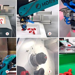 Der Ablauf bei Eberle von links oben bis rechts unten: Die Rohteile werden aus dem Bunker über einen Bauteilvereinzeler (Varioshaker) mit Durchlicht zugeführt (1). Der Horst 900 nimmt die vereinzelten Teile auf (2). Je nach Variante werden die Teile dann nochmals über einen Bildvergleichssensor in ihrer Rotationsachse ausgerichtet oder direkt umgegriffen (3) und in das Spannfutter des Drehautomaten eingelegt (4), wo sie zur Bearbeitung fixiert werden (5). Die Fertigteile werden zum Schluss über das Werkstück-Transportband ausgeschläust (6).(Bild:  Citizen)