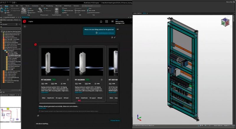 Zur Hannover Messe 2025 hat Eplan erste Use-Cases vorgestellt, die großes Potenzial für den Einsatz künstlicher Intelligenz erahnen lassen, beispielsweise wurde gezeigt, wie automatisch ein 3D-Montageplatten-Layout generiert werden kann.(Bild:  Eplan)