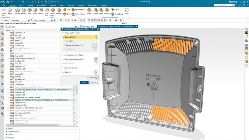 Der neue Code-freie Ansatz Feature-Templates verwendet das in NX-Daten eingebettete Wissen während der Konstruktion wieder. Dies erweitert die Möglichkeiten, Daten wiederzuverwenden, von rein parametrischen Geometrie-Features auf PMI, Anforderungsprüfungen und mehr.  (Bild: Siemens Digital Industries Software)
