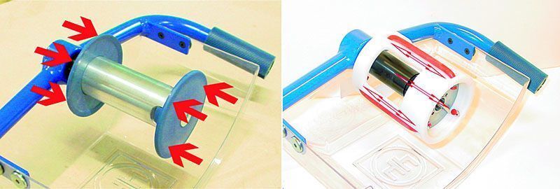 Alt und neu: Bei einer konventionellen Spindel wird das Werkzeug durch den axialen Druck zwischen den Endflanschen gespannt (links). Beim Verriegelungssystem Lock-it baut sich die Spannkraft radial über die gesamte Spindellänge mit Hilfe dreier elastischer Bänder auf (rechts). (Archiv: Vogel Business Media)