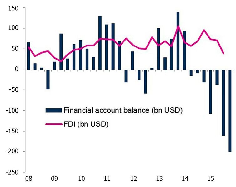 Kapitalbilanz und ausländische Direktinvestitionen (Mrd. USD) in China (Bild: Euler Hermes)