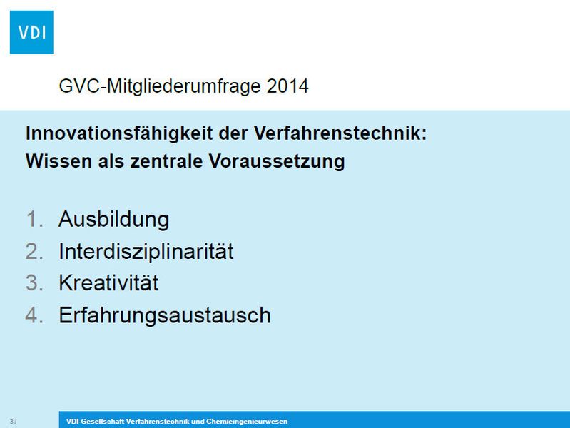 GVC-Mitgliederumfrage 2014: „Innovationsfähigkeit der Verfahrenstechnik“. (Screenshot: VDI-Gesellschaft Verfahrensechnik und Chemieingenieurwesen)