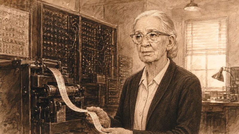 Illustration: Grace Hopper an einem frühen elektromechanischen Rechner mit Lochstreifen. Ihre Arbeit an frühen Compilern und höheren Programmiersprachen prägte die Entwicklung der Computerprogrammierung.(Bild:  Dall-E / KI-generiert)