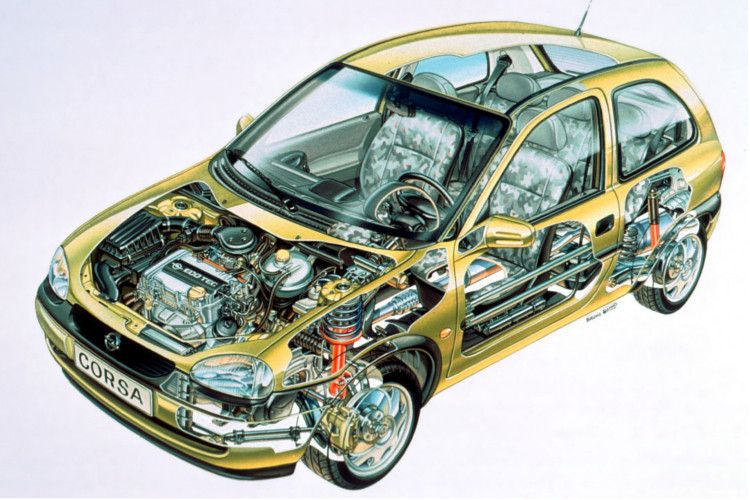 Ein Querschnitt zeigt die technischen Details der zweiten Corsa-Generation. (Opel)