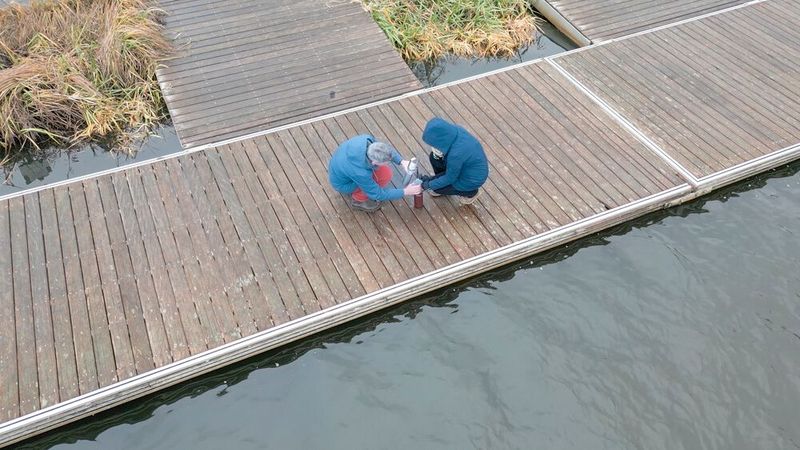 Am Steg des Olympiastützpunkts der Ruderer südlich von Rostock entnehmen Prof. Jens Tränckner und seine wissenschaftliche Mitarbeiterin Alena Seidenfaden von der Universität Rostock Wasserproben aus der Warnow. (Bild: EU 4 Regions)