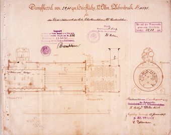 1881: Inzwischen gibt es fast überall in Deutschland Dampfkessel-Revisions- vereine. Doch noch kann jeder Sachverständige weitgehend selbst entscheiden, was er unter einer ordnungsgemäßen Funktion versteht. Obwohl bereits seit 1873 der deutsche Verband von Dampfkessel-Überwachungsvereinen existiert, gibt es keine verbindlichen Standards für die Sicherheit von Dampfkesseln. Doch zwischen Mai und Juni 1881 einigt sich der Verband mit dem Verein deutscher Eisenhüttenleute auf Grundsätze zur Materialprüfung beim Bau von Dampfkesseln. (TÜV Süd)