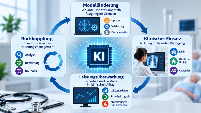 Ändern, einsetzen, überwachen, nachsteuern: Nach britischen Plänen soll die Aufsicht über KI-Medizinprodukte künftig als Regelkreis funktionieren. (Bild:  Redaktion Devicemed; KI-generiert)