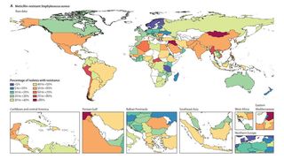 Die Karte zeigt, wie hoch der Anteil an resistenten MRSA-Keimen in Stichproben der jeweiligen Regionen war. (Raw data for the percentage of pathogen isolates that are resistant / CC BY 4.0)