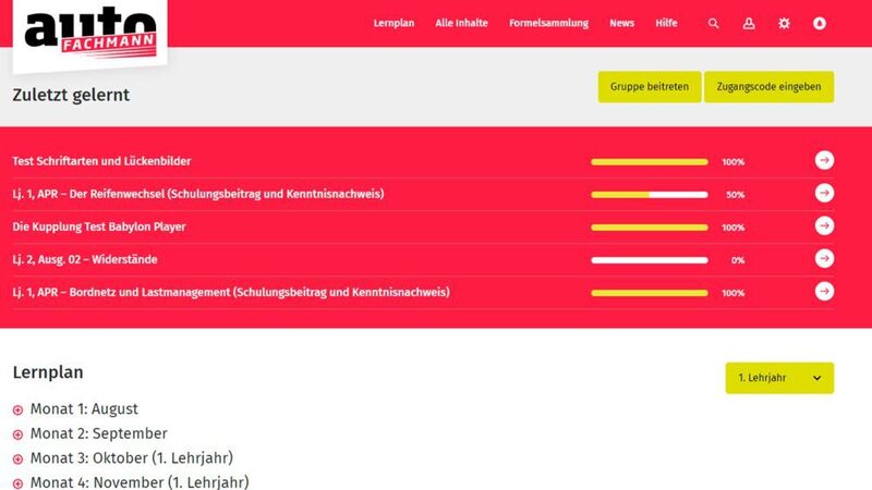 Azubis finden Ihren Lernplan auf der neuen Startseite. Die Inhalte sind nach Lehrjahren und Monaten sortiert.  (VCG, Screenshot autoFACHMANN E-Learning)