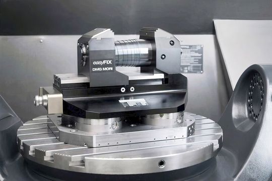 Pictured is the zero-point interface version of the Easyfix automatic vice from DMG Mori, which clamps a succession of workpieces of different size in automated manufacturing processes, without the need for manual intervention.(Source:  DMG Mori)