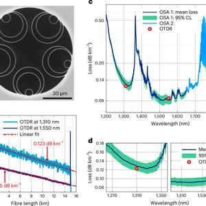 Charakterisierung der gefertigten Hohlkernfaser mit Rekord-Dämpfung über ein ultrabreites Spektralband. (Bild:  International License: Petrovich, M. N.; Fokoua, E. N./Nature Photonics [1] – Creative Commons Attribution 4.0)