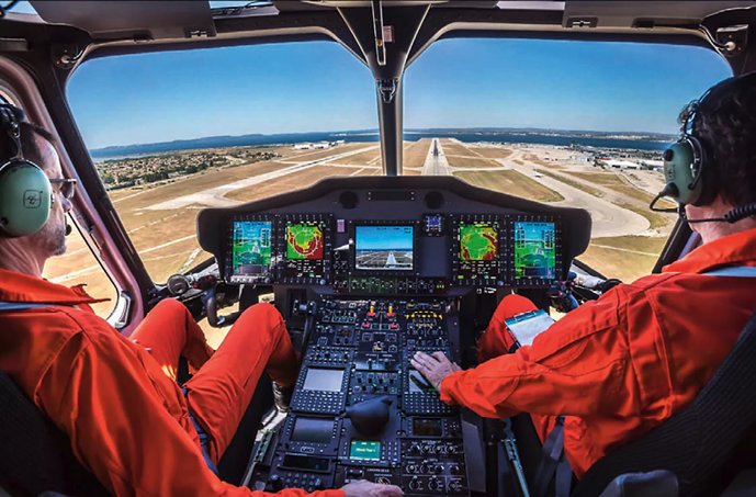 Nahaufnahme des Cockpits und der Instrumententafel der H175 von Airbus Helicopters.