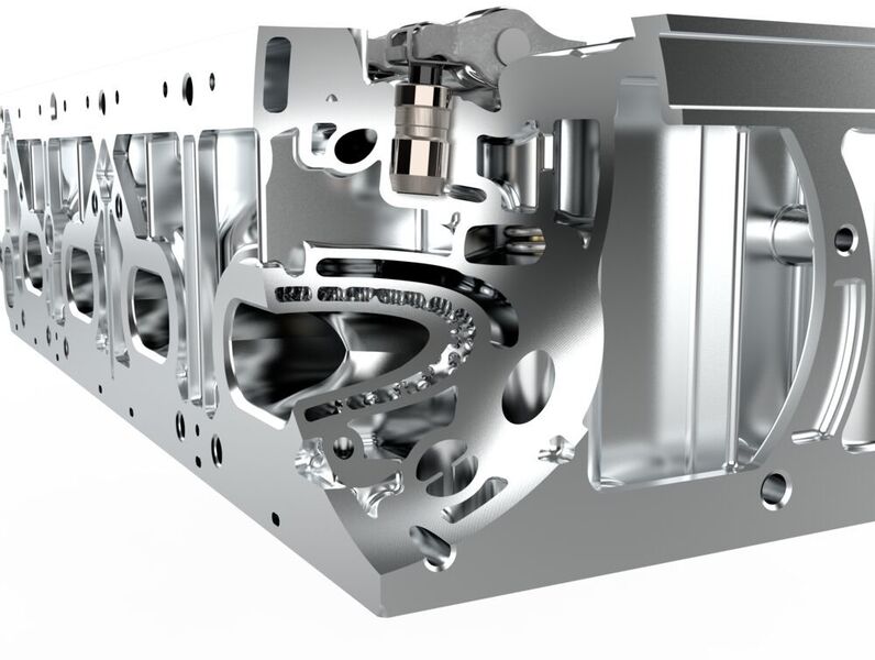 For weight and rigidity reasons, the short skirt design with an aluminum substructure (bedplate) was chosen for the crankcase. The replacement of the steel bearing caps with the bedplate was made possible by the low-friction main bearing diameters of the basic diesel engine. (FEV)
