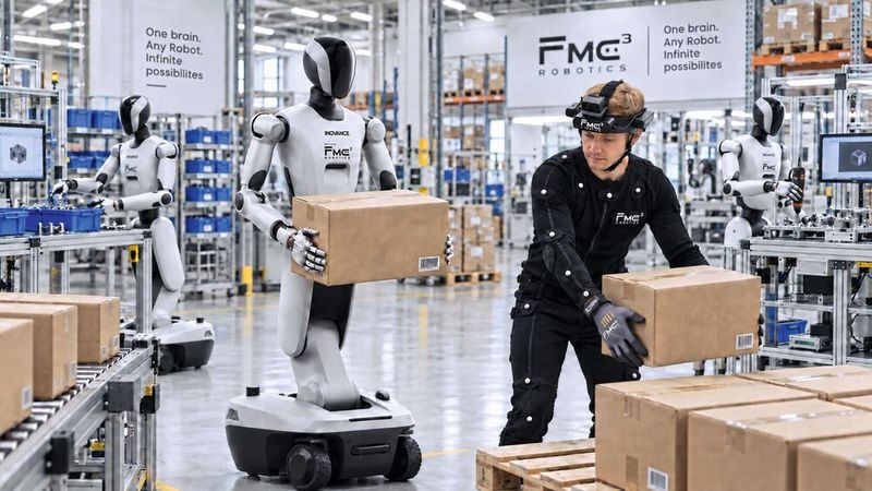 Embodied AI in der Industrie: FMC³ Robotics kombiniert KI-basierte Wahrnehmung und Anpassung mit klassischer Robotersteuerung, um Roboter für den Einsatz in der industriellen Fertigung fit zu machen.(Bild:  FMC³/per KI bearbeitet)