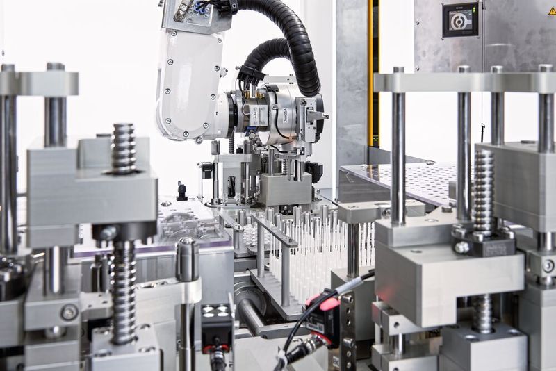 Bei der von Caromatic entwickelten Anlage werden unterschiedliche Endoskop-​Größen vormontiert. Dabei stellen drei Module mit je sieben integrierten Antrieben die flexiblen Endoskop-Bestandteile in verschieden langen Konfigurationen zusammen.  (Siemens)