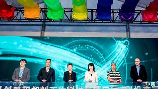 At a customer event, Sucheta Govil, Covestro's Chief Commerical Officer (3rd from left), Lily Wang, head of the Engineering Plastics business unit (4th from left), and Dr. Nicolas Stoeckel, head of operations at Engineering Plastics (far right), celebrate the startup of the new MCR plant.  (Source: Covestro )