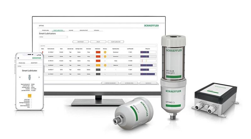 Schlanke Systemlösung für die Instandhaltung: Smartphone, Gateway und Schmierstoffgeber Optime C1.  (Bild: Schaeffler)