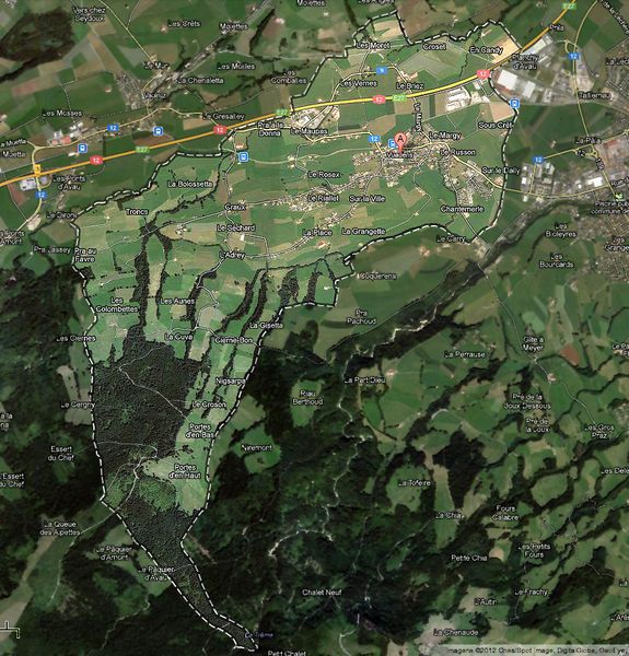 Tracé de la Commune de Vuadens, lieu de l'éventuelle future implantation de Bumotec. (Image: Montage à partir de Google Earth)