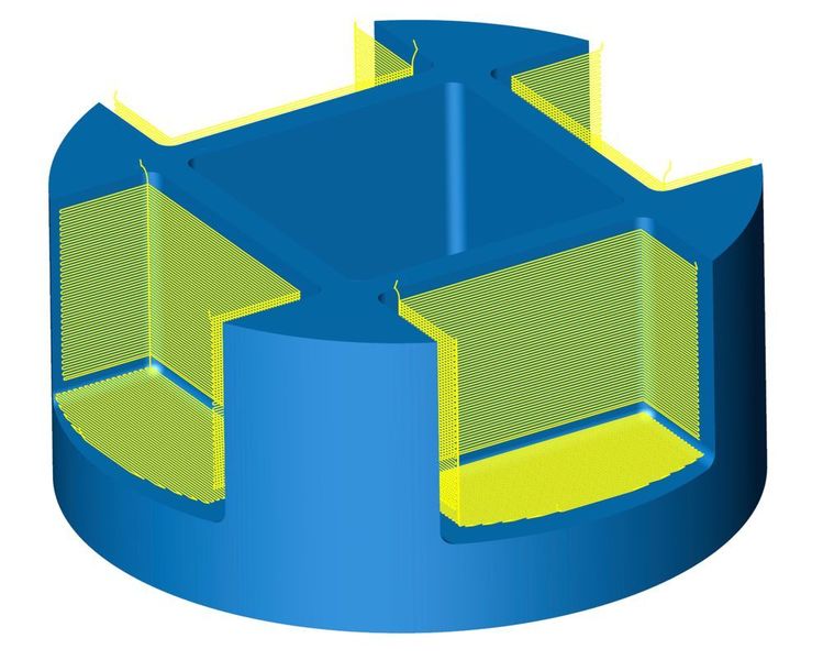 The new Hyper-Mill Maxx machining performance package is available with Hyper-MILL 2016.1, the Open MInd CAM solution. This comparison of the cutting paths of a ball mill and a conical barrel cutter illustrates why the latter offers performance boosts of over 90%. (Source: Open Mind)