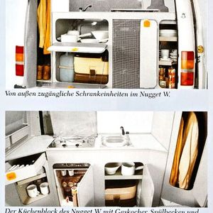 Gut zu sehen: Das frühe Nugget-Konzept mit der Küche quer im Heck. Und ebenfalls mit dabei: Das Porta Potti, das Chemieklo für die dringende Notdurft.(Bild:  Ford)
