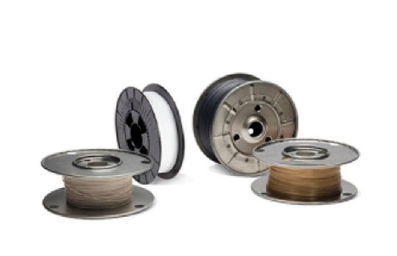 Solvay’s range of AM ready materials comprises (from left to right): Ketaspire PEEK AM Filament, Solef PVDF AM Filament, Ketaspire PEEK AM Filament CF10 and the Radel PPSU AM Filament.  (Solvay)