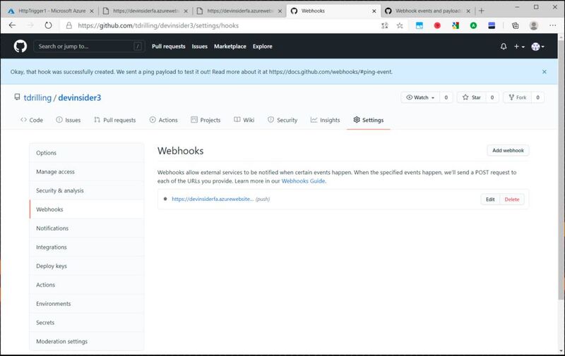 Der fertig konfigurierte Webhook auf GitHub.