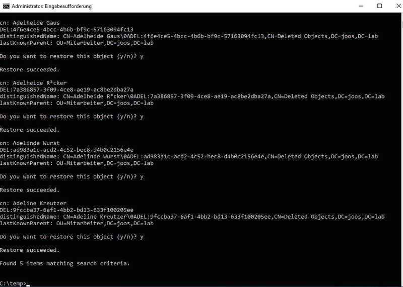 Erfolgreiche Wiederherstellung von Objekten mit Adrestore. (Bild: Joos / Microsoft)