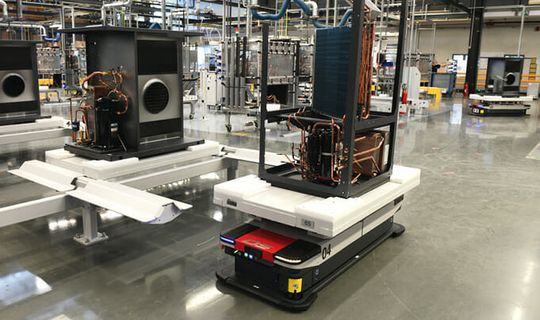 (SAP-MES-gesteuerte WIP-Transporte und vollautomatische, bedarfsgerechte Produktionsver- und -entsorgung mit FTS.  Bild: IGZ)