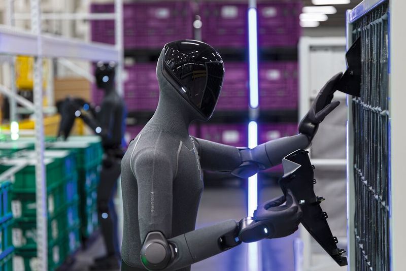 Figure 03 im Einsatz: Dank taktiler Sensoren und Kameras in den Händen sequenziert der Roboter angelieferte Bauteile für die Montage. (Bild: BMW)