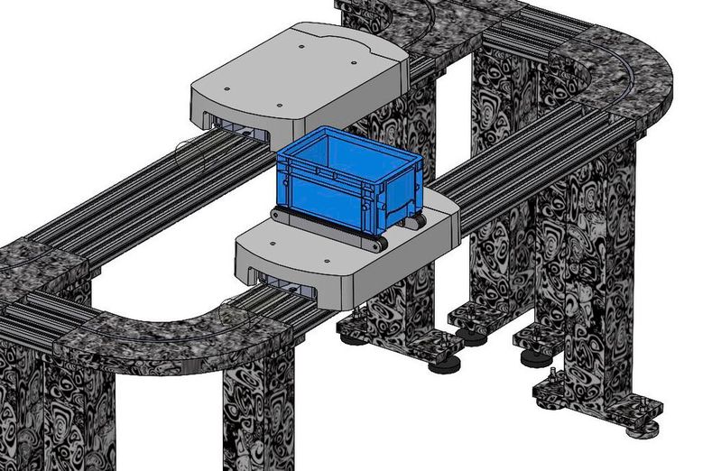 Das neue Intralogistk-System Stein link verbindet verschiedene Arbeitsstationen intelligent miteinander. Die batteriebetriebenen Shuttles tragen bis zu 80 Kilogramm.