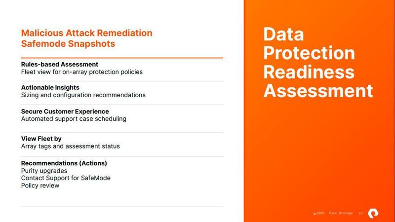 In Pure 1 Meta findet der Kunde nun Assessments, etwa zum Datenschutz. Eine Maßnahme, die das Assessment-Modul empfiehlt, sind Safemode-Snapshots, die sich nicht durch Ransomware oder andere Malware manipulieren lassen. (Pure Storage)