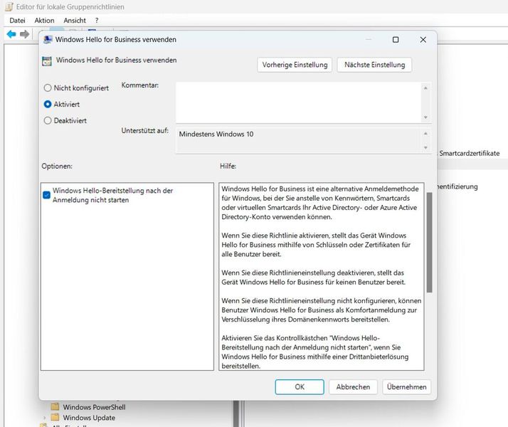 Aktivieren von Windows Hello for Business für einen Computer oder für das ganze Netzwerk mit Gruppenrichtlinien. (Bild: Joos)