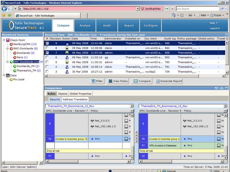 Die Compare-Übersicht weist auf die Änderungen hin, die zwischen mehreren Regelrevisionen vorgenommen wurden. Hier hat Administratorin Claire die Regel 11 „VPN-Access to Database“ hinzugefügt (Archiv: Vogel Business Media)