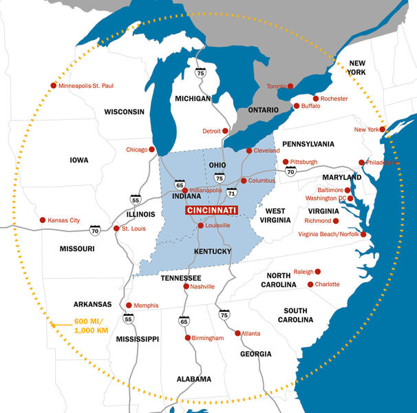 Cincinnati USA, nahe der amerikanischen Ostküste, ist leicht von Deutschland aus zu erreichen. Innerhalb einer Lkw-Tagesfahrt um Cincinnati USA sind über 40 % aller US-Produktions¬stätten sowie US-Konsumenten. (Cincinnati USA Partnership)