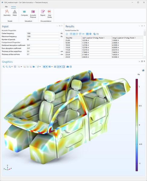 Simulations-App zur Analyse der Innenraumakustik eines Fahrzeugs. Die Berechnung des zeitabhängigen Akustikmodells kann auf GPUs durchgeführt werden. (Bild: COMSOL Multiphysics GmbH)