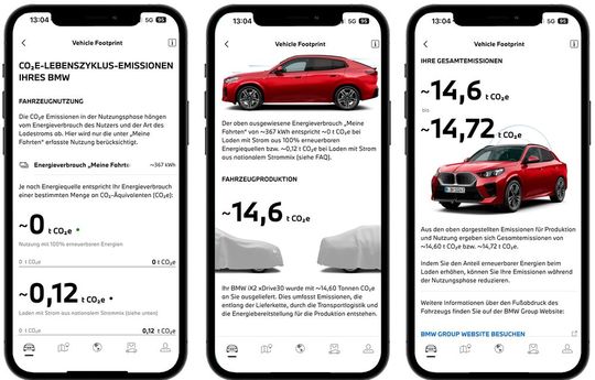 Die Darstellung der Emissionen über den Lebenszyklus in der BMW-App.(Bild:  BMW)