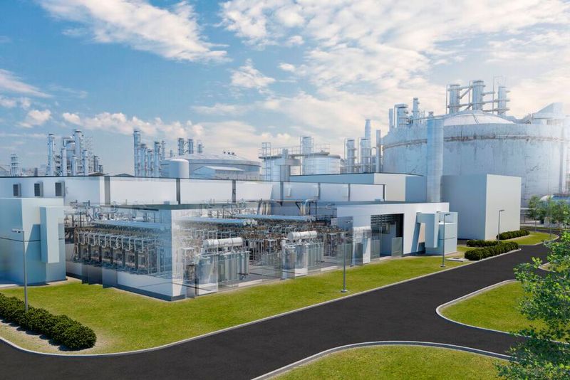 Darstellung der zukünftig am Standort der BASF in Ludwigshafen integrierten Wasserelektrolyse, die in Kooperation mit Siemens Energy errichtet wird. Die Anlage, das sogenannte Hy4Chem-EI-Projekt, wird eine Kapazität von bis zu 8.000 Tonnen Wasserstoff pro Jahr besitzen.(Bild:  Simens Energy)