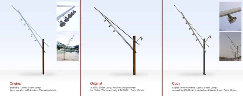 Der 1. Preis (für Anstiftung) ging an die Straßenlampe „Latina“ (installiert auf der „Al Waab Street“, Doha, Katar). Links und Mitte das Original: Verlag / Design-Agentur: Santa & Cole Neoseries S.L, La Roca, Spanien, Architektin / Designerin: Beth Galí, Barcelona, Spanien; rechts das Plagiat: Auftraggeber: Public Works Authority Ashgal, Doha, Katar (Bild: Aktion Plagiarius e.V.)