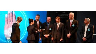 Betriebsratsvorsitzende Steinborn, Dr. Mrosik, Landrat Habermann, Herr Helmrich, Dr. Heuring und Werkleiter Deml (v.l.) eröffnen die „Arena der Digitalisierung“. (Stefanie Michel)