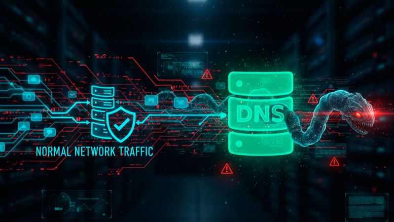 Beim DNS-Tunneling wird legitimer Namensauflösungsverkehr genutzt, um Daten verdeckt durch bestehende Netzwerkverbindungen zu übertragen.(Bild:  KI-generiert)